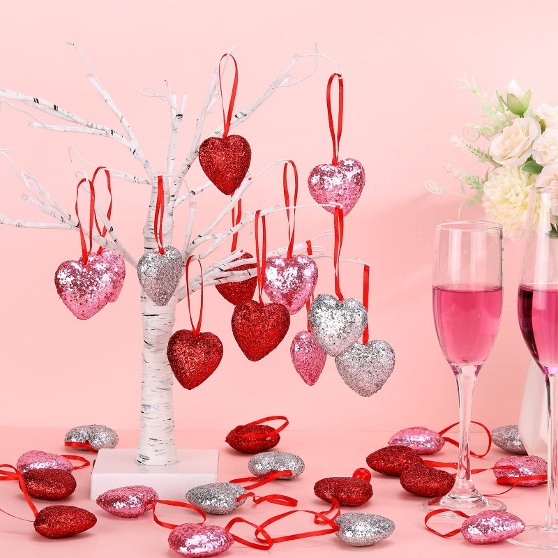 Kathfly 30 Pieces Glitter Valentine's Day Heart Ornaments Hanging Multi Color Foam Baubles Artificial Colorful Christmas Wedding Anniversary Heart Shaped Valentines Decorations for Tree, 3 Colors - Image 3