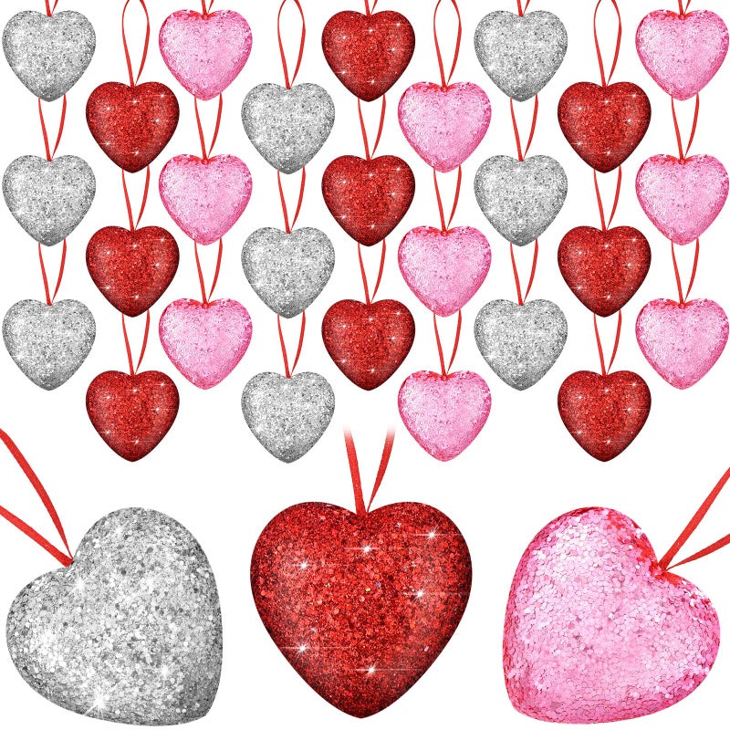 Kathfly 30 Pieces Glitter Valentine's Day Heart Ornaments Hanging Multi Color Foam Baubles Artificial Colorful Christmas Wedding Anniversary Heart Shaped Valentines Decorations for Tree, 3 Colors - Image 1