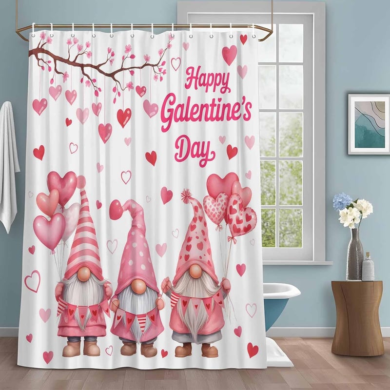 Happy Valentine's Day Shower Curtain with 12 Hooks Cartoon Gnomes Romantic Love Heart Pink Balloon Waterproof Fabric Shower Curtains Sets for Bathroom Bath Decorations, Machine Washable, 54"x78" - Image 1