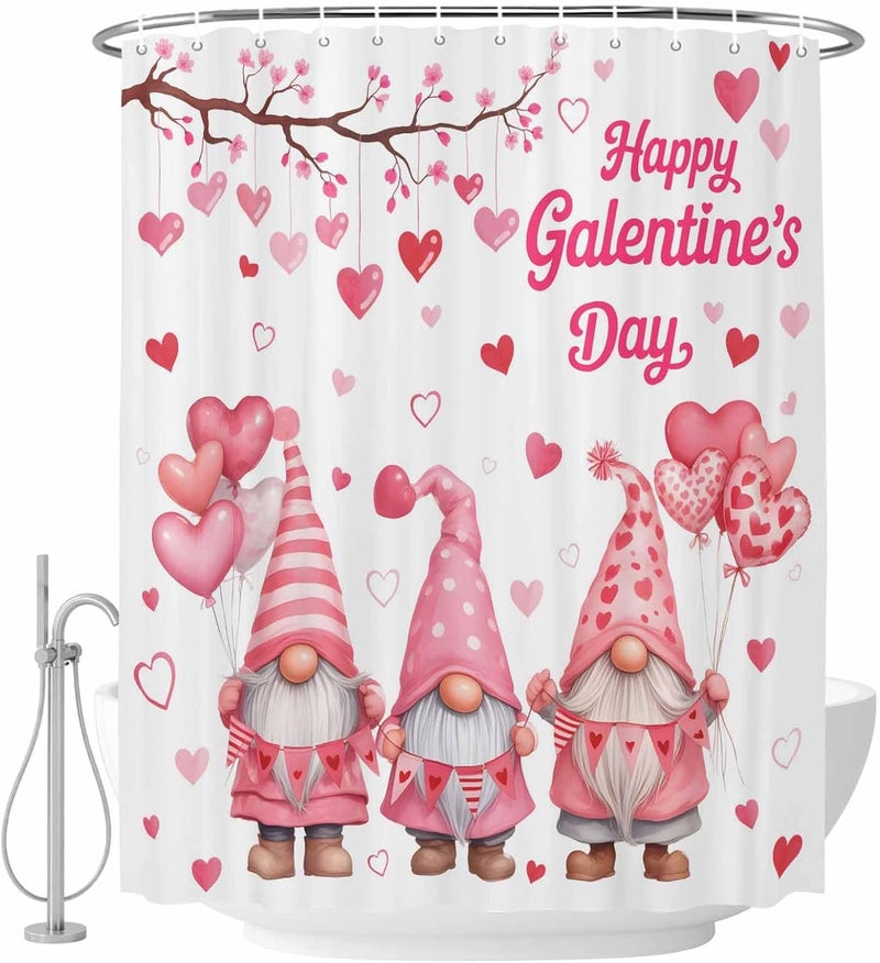 Happy Valentine's Day Shower Curtain with 12 Hooks Cartoon Gnomes Romantic Love Heart Pink Balloon Waterproof Fabric Shower Curtains Sets for Bathroom Bath Decorations, Machine Washable, 54"x78" - Image 2