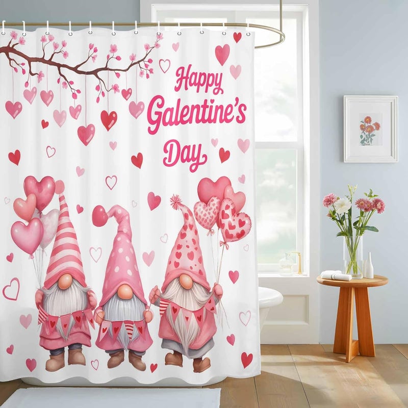 Happy Valentine's Day Shower Curtain with 12 Hooks Cartoon Gnomes Romantic Love Heart Pink Balloon Waterproof Fabric Shower Curtains Sets for Bathroom Bath Decorations, Machine Washable, 54"x78" - Image 3