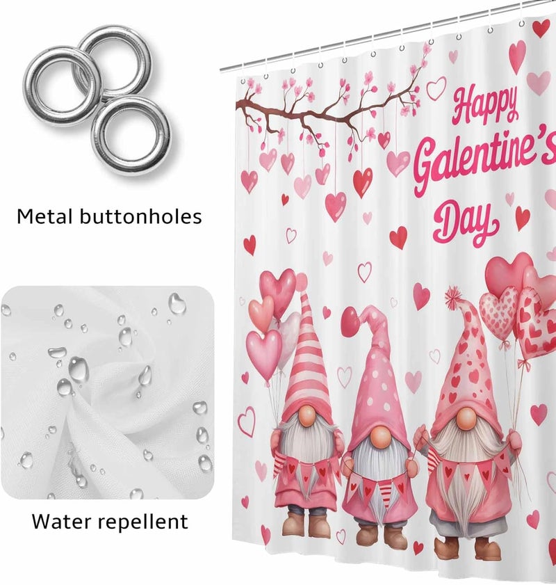 Happy Valentine's Day Shower Curtain with 12 Hooks Cartoon Gnomes Romantic Love Heart Pink Balloon Waterproof Fabric Shower Curtains Sets for Bathroom Bath Decorations, Machine Washable, 54"x78" - Image 4