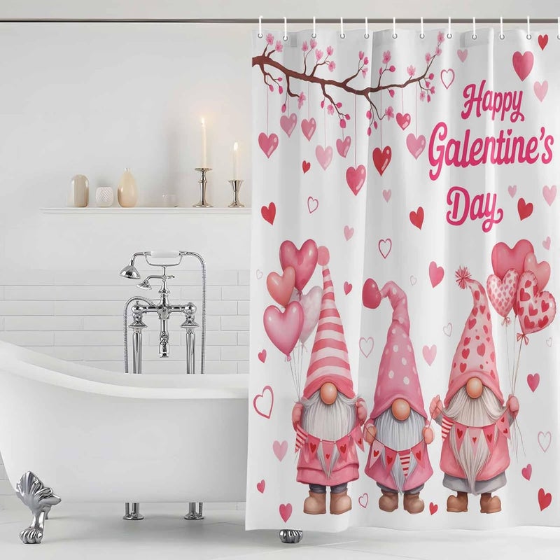 Happy Valentine's Day Shower Curtain with 12 Hooks Cartoon Gnomes Romantic Love Heart Pink Balloon Waterproof Fabric Shower Curtains Sets for Bathroom Bath Decorations, Machine Washable, 54"x78" - Image 5