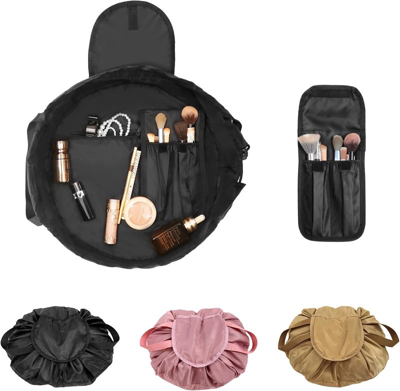 Drawstring Cosmetic Bag for Women Barrel Drawstring Cinch Makeup Bag Open Flat Toiletry Bag for Travel with Brush Area Black