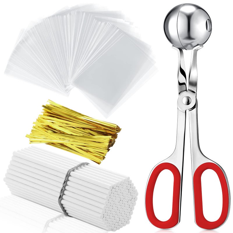 Yinkin Yinkin Lollipop Cake Pop Treat Bag Set Include 100 Parcel Bags 100 Papery Treat Sticks Metallic Twist Ties Meat Baller with Handles Cake Pops Making Tools for Candies Chocolates and Cookies Red