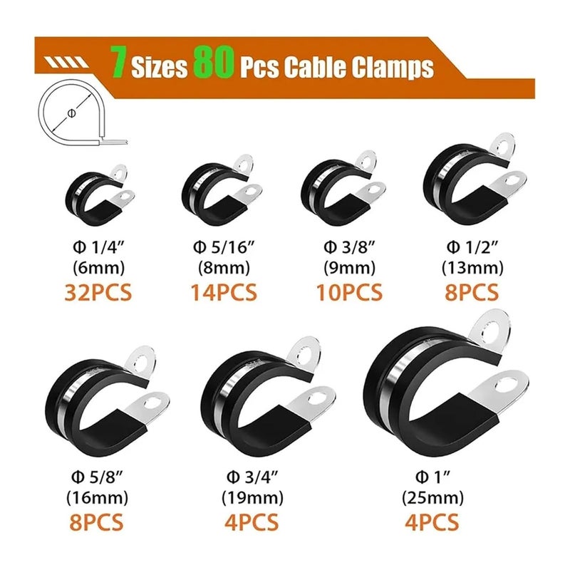 80pcs Assortment Kit Rubber Cushioned 304 Stainless Steel Cable Clamps 7 Sizes 1 4 1 2 1 Inch - Image 3