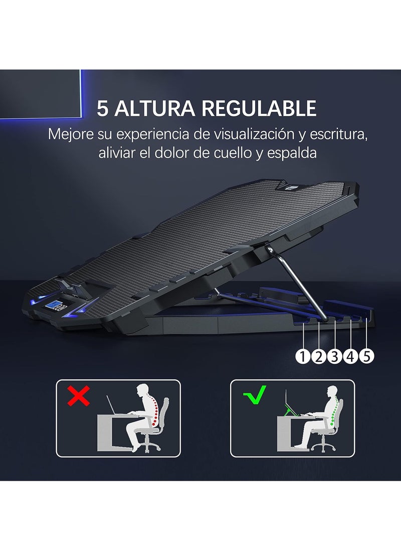 TopMate - TopMate C5 Laptop Cooling Pad Gaming Notebook Cooler, Laptop Fan Cooling Stand Adjustable Height with 5 Quiet Fans Blue LED Light, Computer Chill Mat with LCD Controller, for 10-15.6 Inch Laptops - Image 1