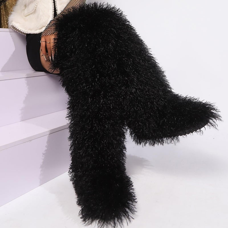 YFJNV Black Thigh High Fur Boots, Over the Knee Fluffy High Boots, Tall Furry shoes for Women (Black,8.5) - Image 2