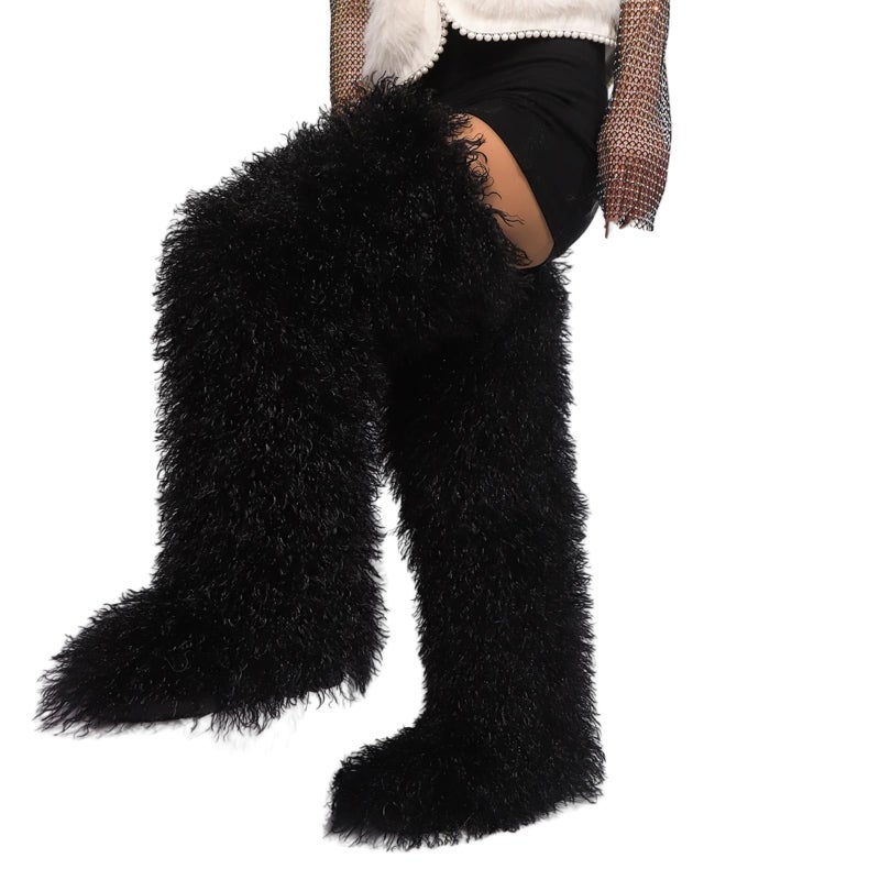 YFJNV Black Thigh High Fur Boots, Over the Knee Fluffy High Boots, Tall Furry shoes for Women (Black,8.5) - Image 5