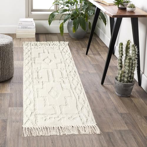 Uphome Boho Bathroom Runner Rug 2' x 4.3', Washable Woven Cotton Bedroom Rug Runners, Beige Aesthetic Tufted Entryway Runner Rugs, Bohemian Tribal Throw Rugs for Bedside Living Room Laundry Kitchen - Image 5