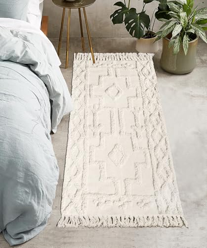 Uphome Boho Bathroom Runner Rug 2' x 4.3', Washable Woven Cotton Bedroom Rug Runners, Beige Aesthetic Tufted Entryway Runner Rugs, Bohemian Tribal Throw Rugs for Bedside Living Room Laundry Kitchen - Image 1