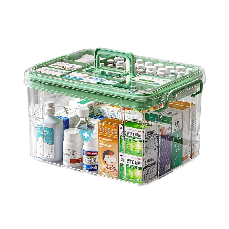HOOPVOOL صندوق تخزين الأدوية البلاستيكي الشفاف، مجموعة الطوارئ العائلية مع علبة حبوب قابلة للإزالة حاوية محمولة قابلة للقفل، منظم للأعمال الفنية ومستحضرات التجميل (أخضر، متوسط) - Image 1
