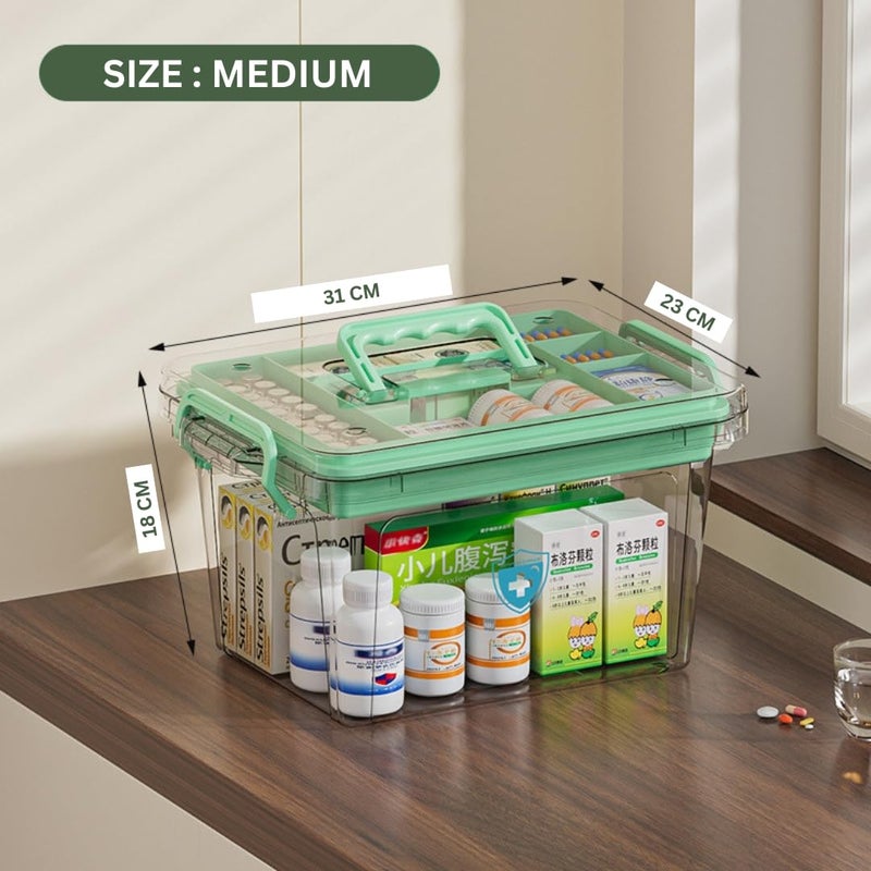 HOOPVOOL صندوق تخزين الأدوية البلاستيكي الشفاف، مجموعة الطوارئ العائلية مع علبة حبوب قابلة للإزالة حاوية محمولة قابلة للقفل، منظم للأعمال الفنية ومستحضرات التجميل (أخضر، متوسط) - Image 2