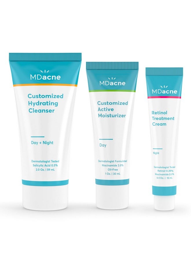 MDacne - 3 Step Retinol Acne Kit Retinol Cream 0.25% Salicylic Acid Cleanser Niacinamide Moisturizer Plantbased Products For Hormonal Acne Blemishes And Wrinkles. 30 Day Complete Acne Care Kit - Image 1