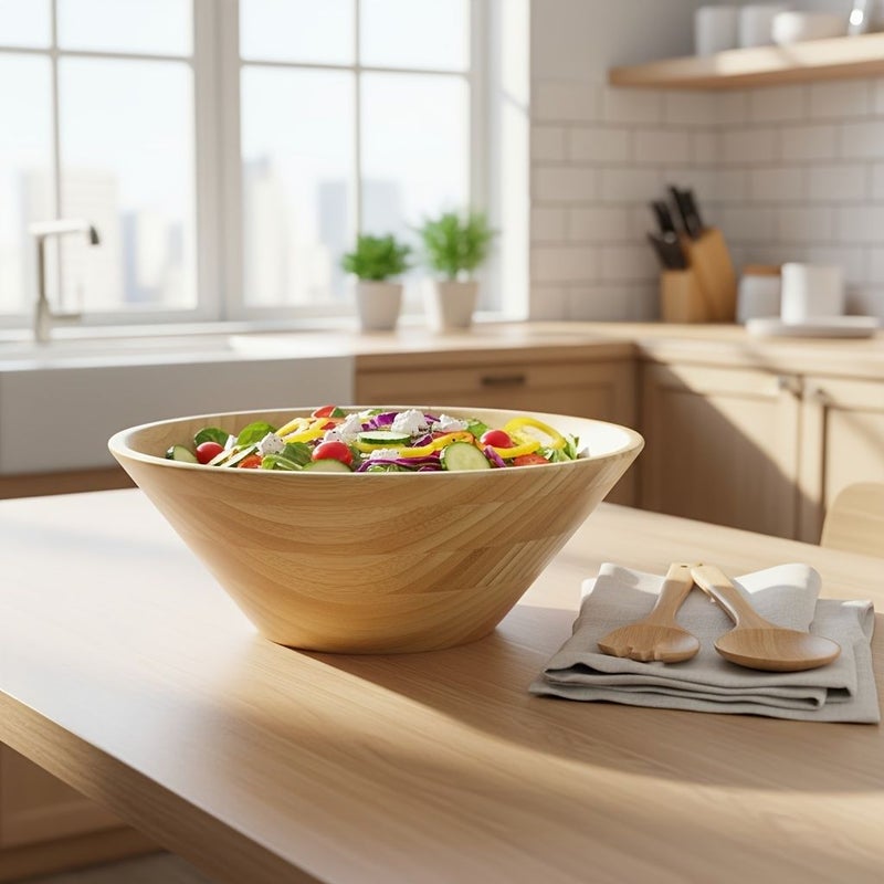 Handcrafted Large Bamboo And Wood Bowl Extra Large Round Bowl For Mixing Salad Soup Noodle Fruit Snack Grain Tableware Home Outdoor Hotel Dining Durable Easy Clean Style 5 - Image 1