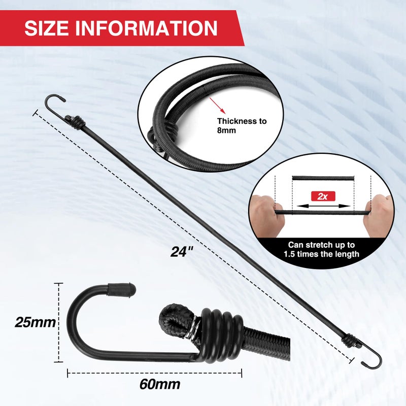 WORKPRO 24 Inch Bungee Cord with Hooks, 4 Pack Superior Rubber Heavy Duty Straps Strong Elastic Rope for Outdoor Tent, Luggage Rack, Camping, Cargo, RV, Bike, Transporting, Storage, Black - Image 2