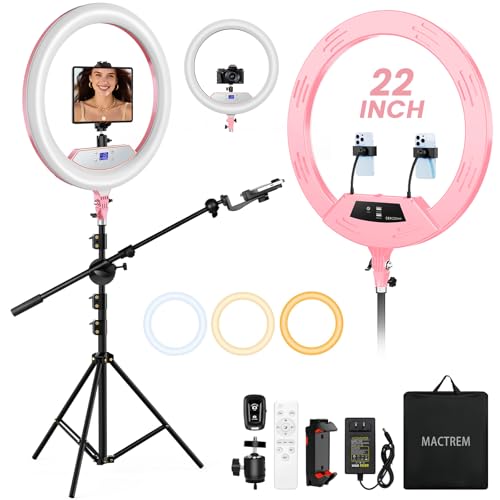 MACTREM Ring Light with Stand 22inch Kit: Professional Ring Light Overhead Tripod for iPhone ipad, LCD Display/2 USB Ports for Makeup Barber Tattoo Lash Extension Video Photography Lighting (Pink) - Image 1