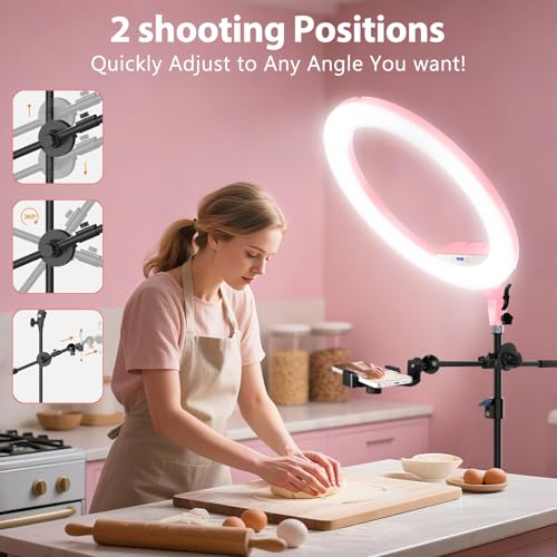 MACTREM Ring Light with Stand 22inch Kit: Professional Ring Light Overhead Tripod for iPhone ipad, LCD Display/2 USB Ports for Makeup Barber Tattoo Lash Extension Video Photography Lighting (Pink) - Image 4