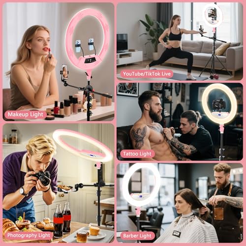 MACTREM Ring Light with Stand 22inch Kit: Professional Ring Light Overhead Tripod for iPhone ipad, LCD Display/2 USB Ports for Makeup Barber Tattoo Lash Extension Video Photography Lighting (Pink) - Image 2