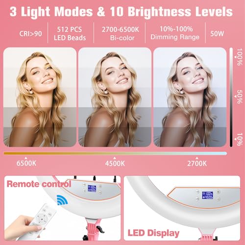 MACTREM Ring Light with Stand 22inch Kit: Professional Ring Light Overhead Tripod for iPhone ipad, LCD Display/2 USB Ports for Makeup Barber Tattoo Lash Extension Video Photography Lighting (Pink) - Image 3