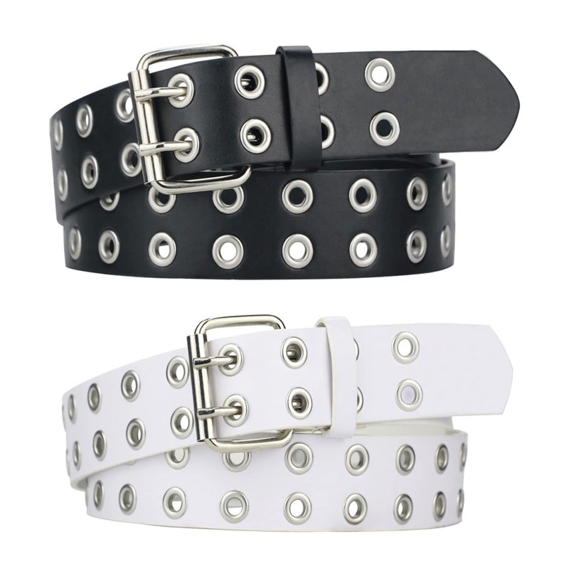 Macoking 2 Pack Womens Belts for Jeans, Leather Studded Grommet Belt Women Men - M Black&White - Image 1
