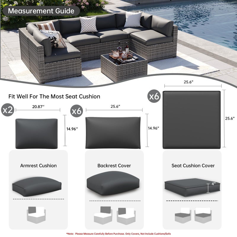 Aoxun 14pcs Patio Cushion Covers Replacement, Waterproof Outdoor Furniture Cushion Covers with Zipper and Non-Slip Bottom, Patio Sofa Couch 3 Sizes for Patio Sectional, Covers Only (Grey) - Image 2