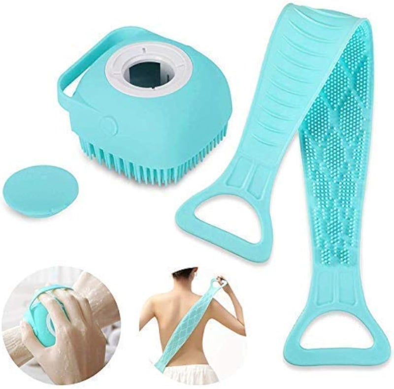 COMBO 1 Pis Silicone Body Bath Back Scrubber AND 1 Pis Body Bath Brush, Soft Cleaning Body Brush with Shampoo Dispenser - Skin Massage Brush Bath Bathroom Accessories (Multi color)