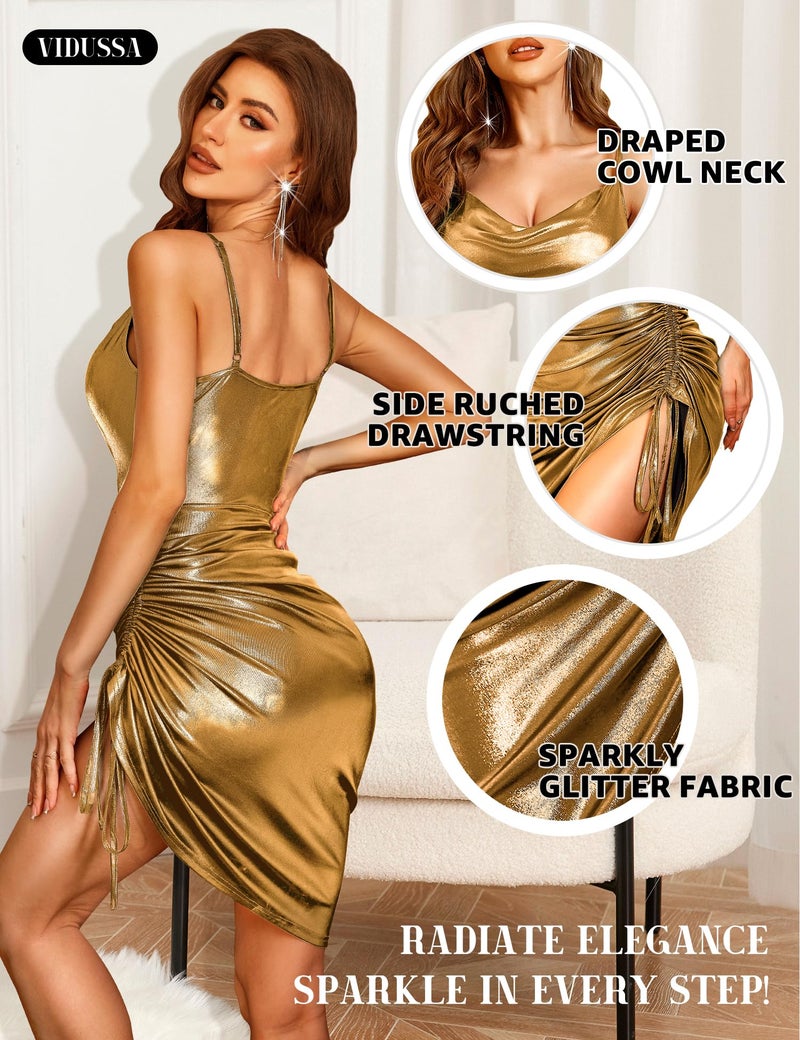 VIDUSSA Women's Sparkly Glitter Dress Cowl Neck Spaghetti Strap Ruched Bodycon Cocktail Party Night Club Midi Dresses Pure Gold S - Image 4