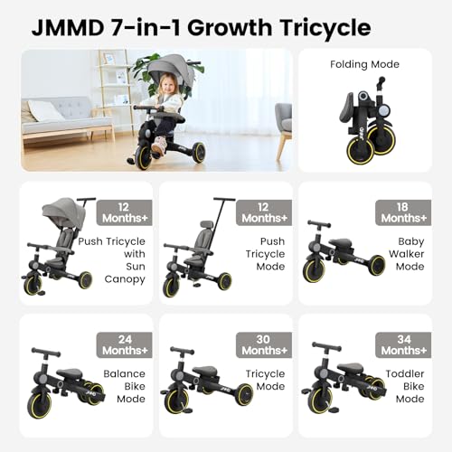 JMMD Baby Tricycle 7in1 Multifunctional Kids Trike with Adjustable Parent Handle Safety Harness Wheel Brakes Removable Canopy Stroll Trike for Boys Girls Ages 18 Months5 Years Black - Image 5