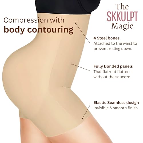SKKULPT Body Shaper Shorts Shapewear for Women High Waisted with Anti Rolling Strips & Removable Butt Lifting Pads, Tummy Tucker for Women Comfortable Seamless Shapewear for Tummy Control (SHMT-SK-L) - Image 4