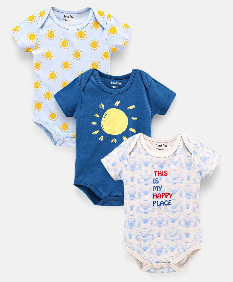 Bonfino Bonfino Pack of 3 Printed Onesies - Blue