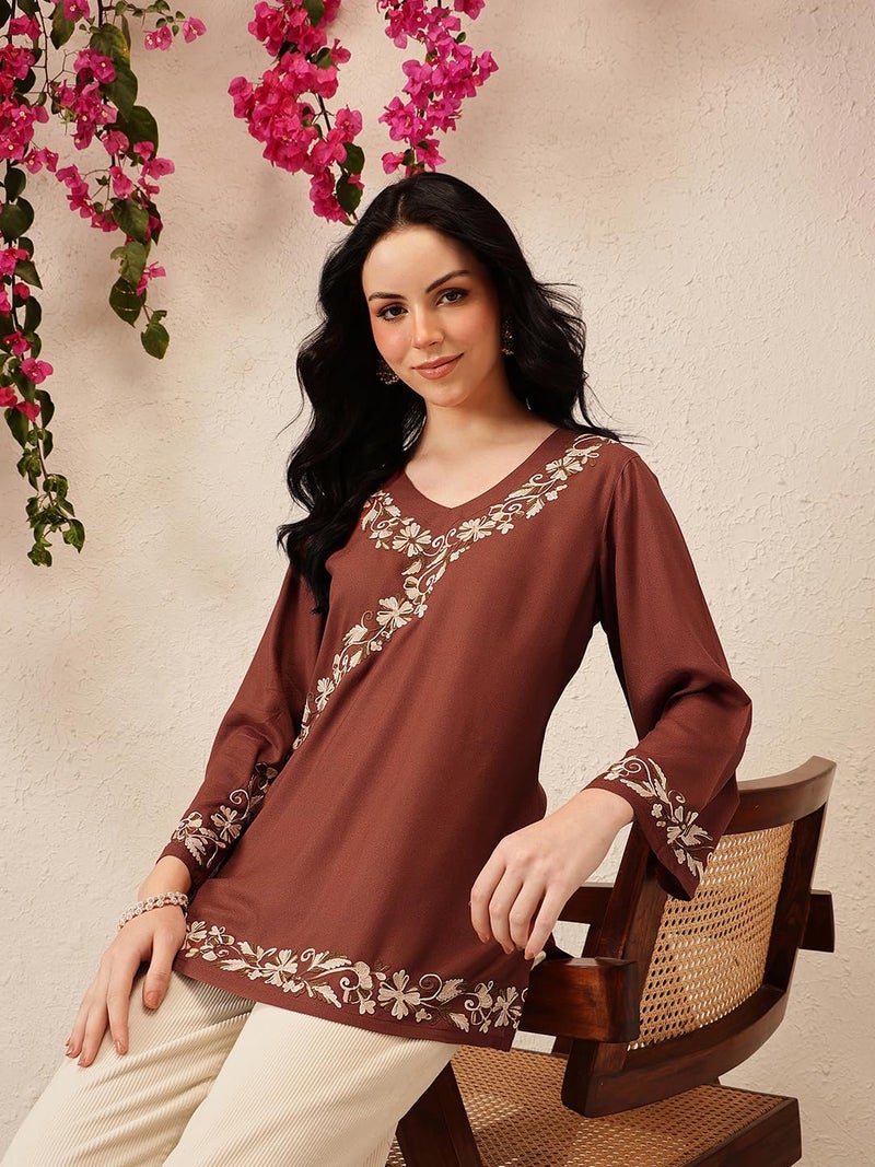 QAZMI Women's Jina V-Neck Kashmiri Aari Work Full Sleeves Kurti_XS Brown - Image 2