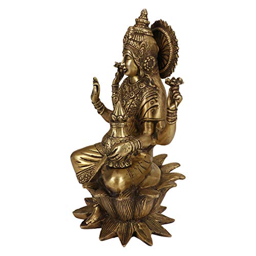 ARTVARKO Goddess Maa Laxmi Idol Brass Statue Sitting in Lotus Lakshmi MATA for Temple Puja Home Decor 12 Inch - Image 3