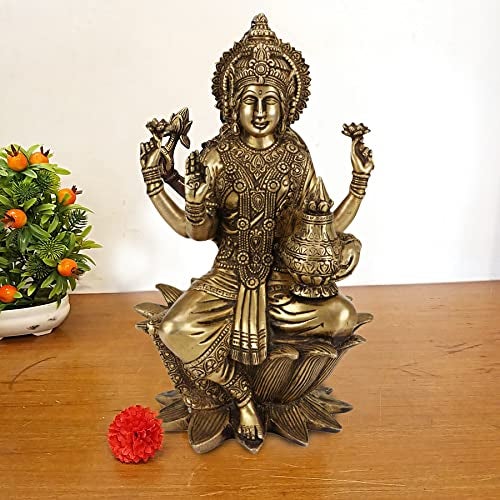 ARTVARKO Goddess Maa Laxmi Idol Brass Statue Sitting in Lotus Lakshmi MATA for Temple Puja Home Decor 12 Inch - Image 1