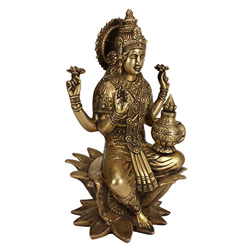 ARTVARKO Goddess Maa Laxmi Idol Brass Statue Sitting in Lotus Lakshmi MATA for Temple Puja Home Decor 12 Inch - Image 2