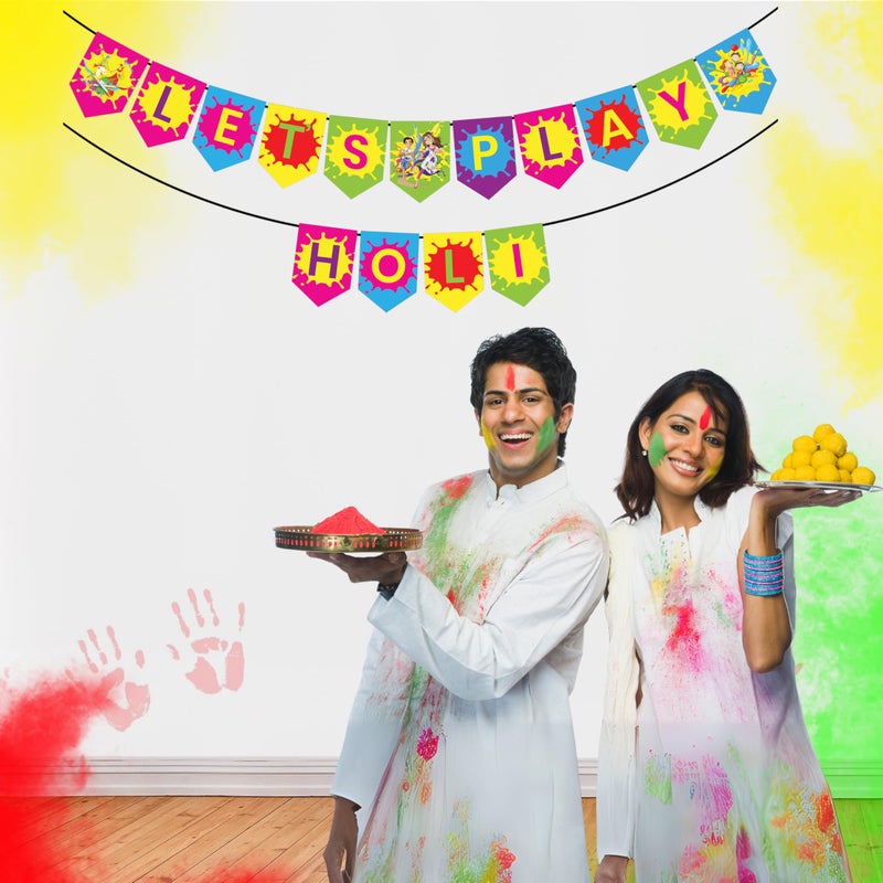 1iAM Happy Holi Decoration Items | 1pc 13.6X10.3cm "LET'S PLAY HOLI" 300gsm Printed Paper Banner for Celebration of 14th March in Home, Office, Club, School, Collage, Restaurant, Apartment Decoration - Image 3