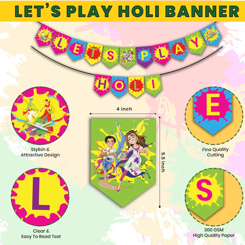 1iAM Happy Holi Decoration Items | 1pc 13.6X10.3cm "LET'S PLAY HOLI" 300gsm Printed Paper Banner for Celebration of 14th March in Home, Office, Club, School, Collage, Restaurant, Apartment Decoration - Image 5