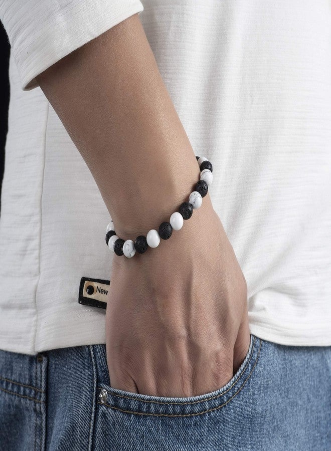 Softones 8MM Lava Rock Aromatherapy Anxiety Essential Black and White Intervals Beads Bracelet for Men Women, Friendship Couples Bracelets Gifts - Image 2