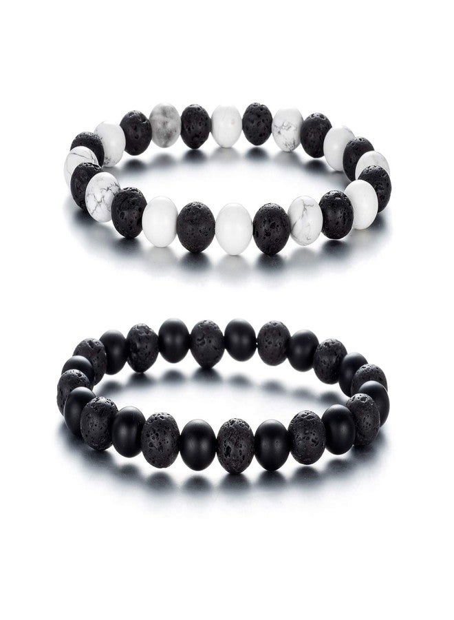 Softones 8MM Lava Rock Aromatherapy Anxiety Essential Black and White Intervals Beads Bracelet for Men Women, Friendship Couples Bracelets Gifts - Image 1