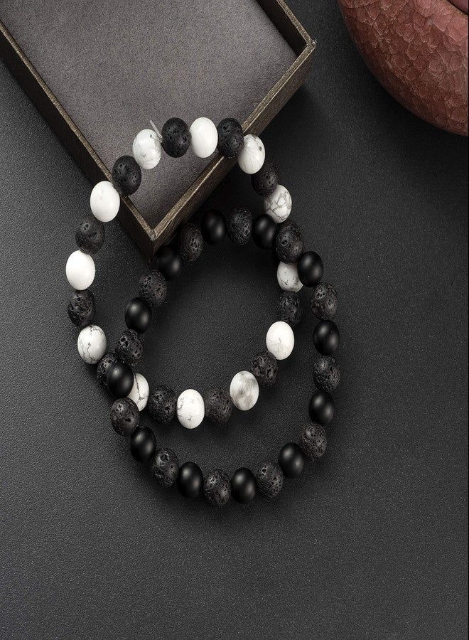 Softones 8MM Lava Rock Aromatherapy Anxiety Essential Black and White Intervals Beads Bracelet for Men Women, Friendship Couples Bracelets Gifts - Image 4
