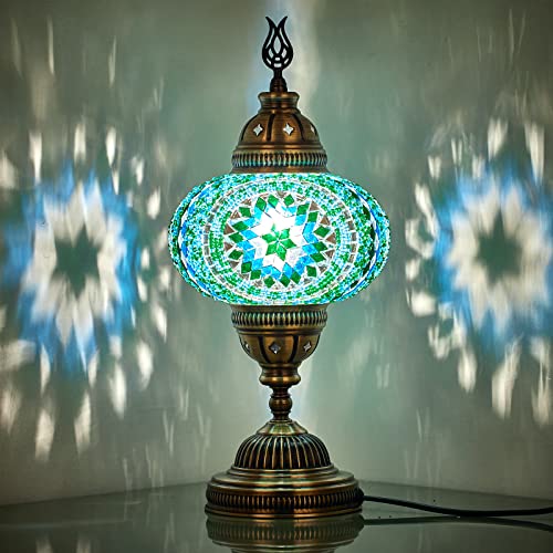 DEMMEX 7 Large Globe Turkish Moroccan Mosaic Table Lamp Handcrafted TiffanyStyle Colorful Glass Bedside Desk Table Light Artisan Decor for Living Room or Bedroom 14 H Turquoise - Image 1