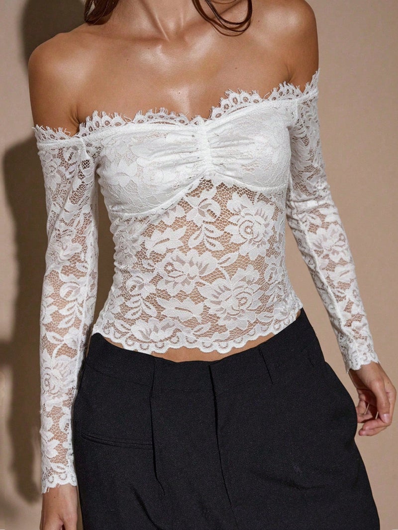 Women's Off-Shoulder Long Sleeve Lace Blouse Top - Image 1