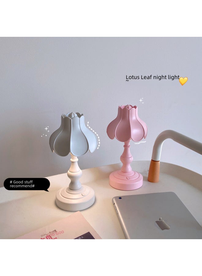 Vintage Table Lamp Ins Lotus Leaf Nightlight Cute Girl Romantic Bedroom Creative Lighting Nordic Style Mini Luminous-Color:LD05 Gray Blue  - Image 5