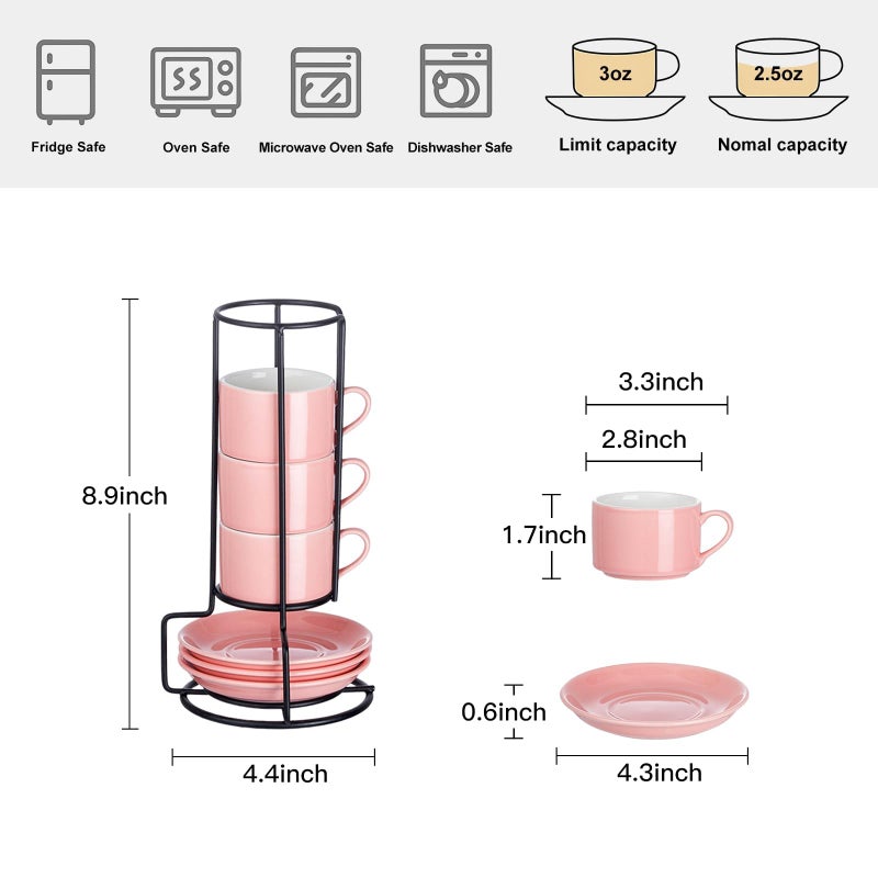 Meichu 2.5oz Espresso Cups Set of 4, Porcelain Stackable Espresso Cups with Saucers and Metal Stand Set, Pink Expresso Shots Cup Set for Cappuccino, Coffee Drinks, Latte, Tea - Image 2