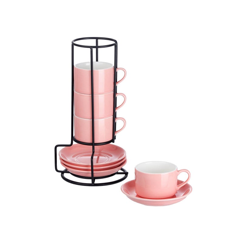 Meichu 2.5oz Espresso Cups Set of 4, Porcelain Stackable Espresso Cups with Saucers and Metal Stand Set, Pink Expresso Shots Cup Set for Cappuccino, Coffee Drinks, Latte, Tea - Image 1