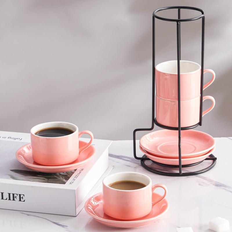 Meichu 2.5oz Espresso Cups Set of 4, Porcelain Stackable Espresso Cups with Saucers and Metal Stand Set, Pink Expresso Shots Cup Set for Cappuccino, Coffee Drinks, Latte, Tea - Image 5