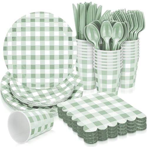 Newtay 168 Pcs Gingham Party Supplies for 24 Guests Paper Plates Knives Spoons Forks Napkins Cups Disposable Set Cutlery for Checkered Dinner Wedding Party Favor(Sage Green) - Image 1