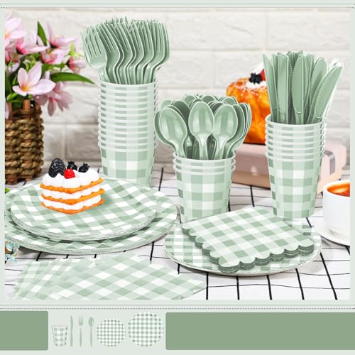 Newtay 168 Pcs Gingham Party Supplies for 24 Guests Paper Plates Knives Spoons Forks Napkins Cups Disposable Set Cutlery for Checkered Dinner Wedding Party Favor(Sage Green) - Image 5