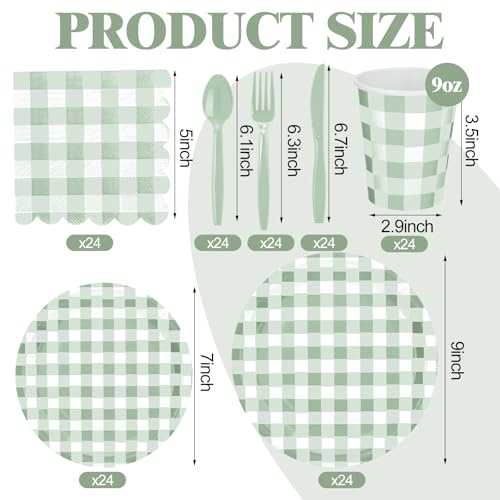 Newtay 168 Pcs Gingham Party Supplies for 24 Guests Paper Plates Knives Spoons Forks Napkins Cups Disposable Set Cutlery for Checkered Dinner Wedding Party Favor(Sage Green) - Image 2
