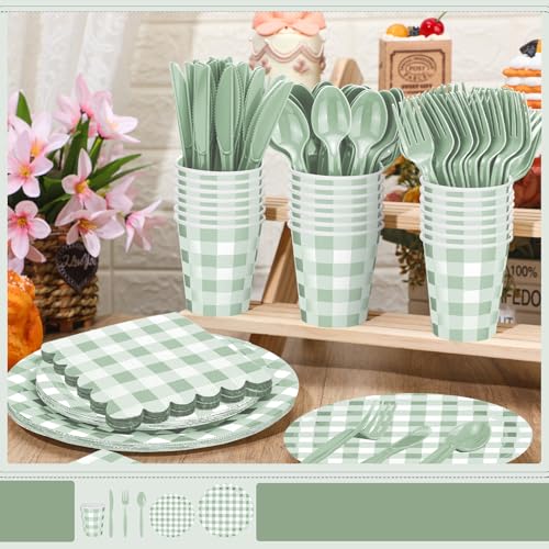 Newtay 168 Pcs Gingham Party Supplies for 24 Guests Paper Plates Knives Spoons Forks Napkins Cups Disposable Set Cutlery for Checkered Dinner Wedding Party Favor(Sage Green) - Image 3
